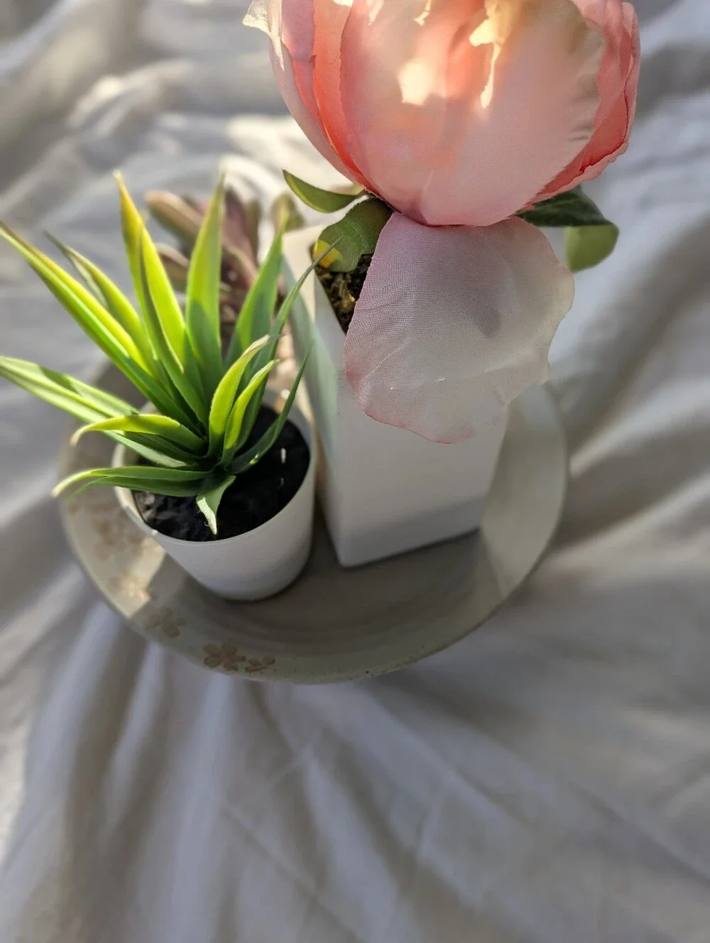 World Market Clay Dish With Artificial Pink Peony And Succulents